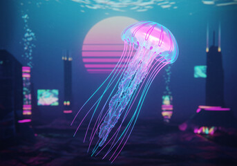 Cyberpunk jellyfish with LED circuits running through tentacles, neon pink and electric blue glow, floating in digital space, holographic texture, futuristic underwater cityscape background