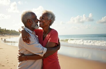 Happy senior african american couple hugging on the beach. Elderly man and woman embrace, smile at each other. Retirement lifestyle concept. Joyful holiday vacation, love, summer, together.