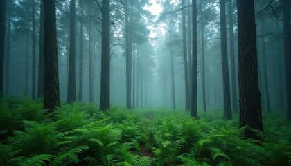 Mystic forest with tall trees green ferns and fog. Nature habitat for outdoor activities eco tourism. Morning scenery woodland, hiking, travel adventure.
