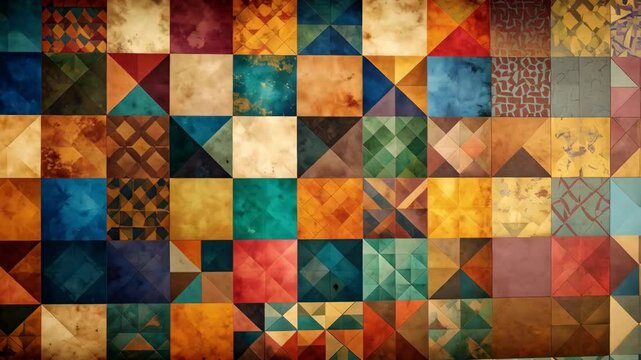 Abstract patchwork of geometric squares in rich colors creates textured background.