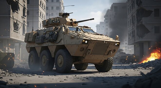 Powerful armored personnel carrier patrols a desolate, war-torn city street amid smoke, explosions, and rubble during an intense urban combat mission.