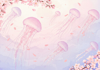 Dreamy watercolor jellyfish in pastel colors, soft bleeding edges, floating among cherry blossoms underwater, ethereal and romantic, traditional Japanese watercolor style, delicate pink and lavender t