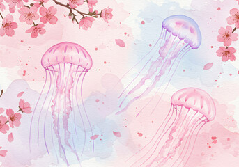 Dreamy watercolor jellyfish in pastel colors, soft bleeding edges, floating among cherry blossoms underwater, ethereal and romantic, traditional Japanese watercolor style, delicate pink and lavender t
