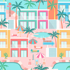 Tropical hotel scene seamless pattern. Colorful poolside resort landscape with palm trees, sun loungers, parasols, motel buildings, turquoise pool, retro motel signs in mid-century modern style