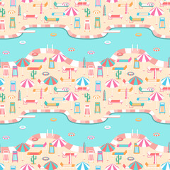 Poolside vacation scene seamless pattern. Large pool with diving board, swim rings, colorful parasols, lounge chairs, striped retro deck chairs. Modern fun summer repeat design. Relaxation, leisure