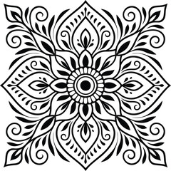 Square Mandala Floral Line Art Intricate Black and White Decorative Pattern