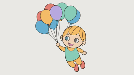 Happy child floating with colorful balloons