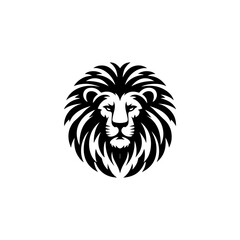 Stylized black and white graphic of a lion's head, circular design.
