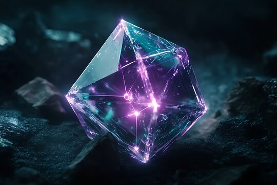 Futuristic Geometric Crystal Structure – Neon Glowing Polyhedron with Cyberpunk Digital Network Aesthetic

