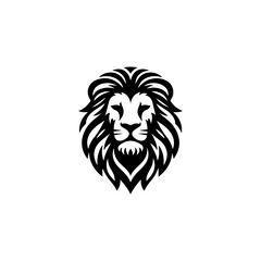 A stylized, symmetrical black and white illustration of a lion's head with a prominent mane.