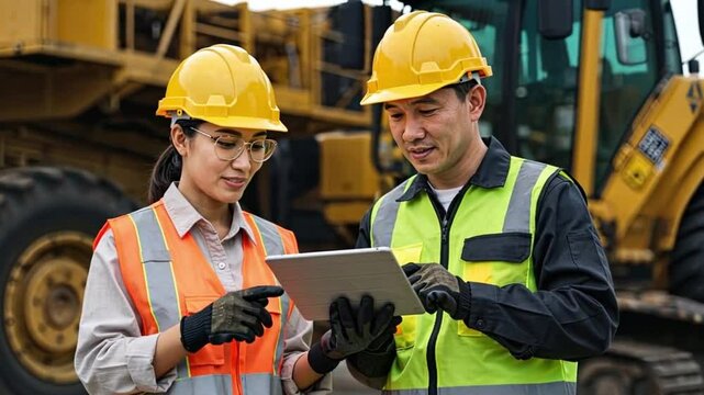 Teamwork makes the dream work Mining engineers collaborate on a project using a tablet Safety first