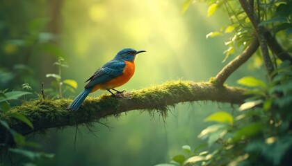 Obraz premium Colorful bird perched on mossy tree branch in green forest. Soft sunlight filters through leaves. Serene natural wildlife scene evokes peaceful feeling. Eco tourism, travel, nature, outdoor