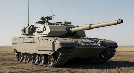 A powerful modern main battle tank with heavy armor and a large cannon, positioned in a vast arid landscape. A symbol of military strength and advanced combat technology.
