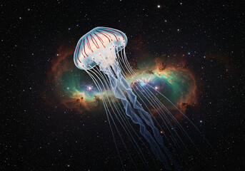 Galactic jellyfish with nebula patterns in tentacles, cosmic dust and stars swirling around, deep space background, aurora borealis colors, celestial bioluminescence, space jellyfish constellation