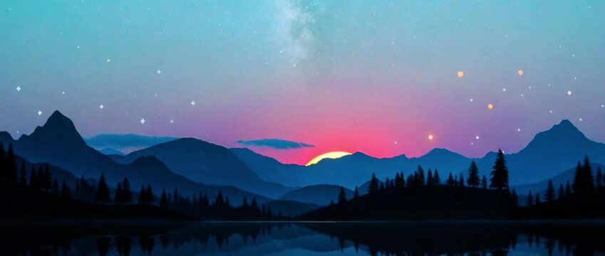 Timelapse video , A mountain range with a lake in the foreground and a pink and purple sky with stars in the background.