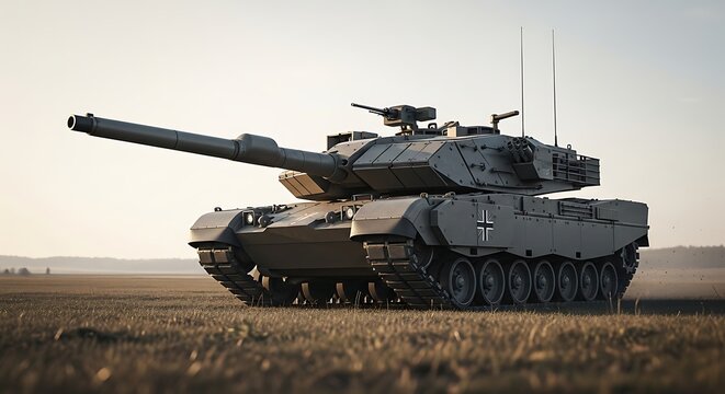 German Leopard main battle tank with Bundeswehr cross insignia sits in an open field at sunset. A powerful, modern armored combat vehicle ready for military operations or warfare.