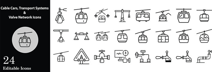 Collection of cable car,transport system,valve network line icons depicting gondola,crane,pipeline elements for engineering and industrial usage suitable for icon set © Digital
