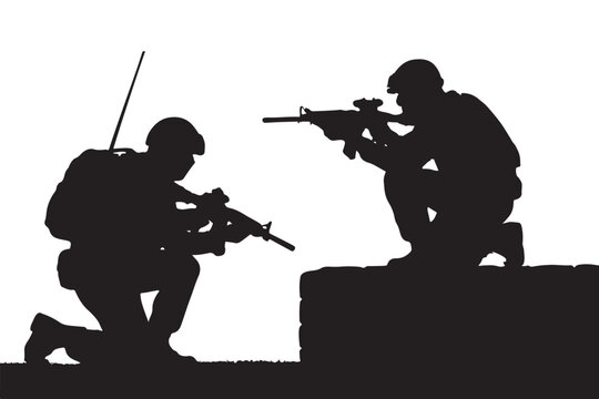 Action  packed military silhouettes showing soldiers in tactical poses with rifles, ready for any challenge.