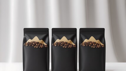 Modern design aesthetic showcasing three black coffee bags with coffee beans in mountain shaped paper