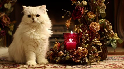 Fluffy white persian cat posing beside autumn floral arrangement