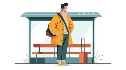 The illustration depicts a young man standing at a simple, minimalist bus stop. He is wearing a yellow coat, dark pants, and light-colored shoes.  He carries a brown backpack and a suitcase.