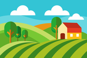 Obraz premium Farmhouse in rolling hills landscape illustration