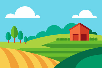 Fototapeta premium Farmhouse in rolling hills landscape illustration