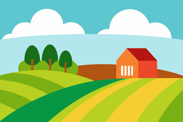 Fototapeta premium Farmhouse in rolling hills landscape illustration