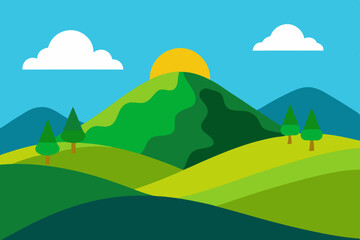 Cartoon landscape illustration green hills and sun