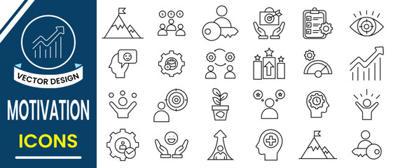 Motivation line icon  vector set. Outline of motivation symbol such a Success mindset,  continue, behavior, states, compete, climb to the top, clarity focus, hard work icon vector illustration.