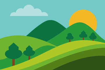 Rolling green hills and mountains landscape