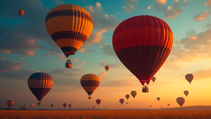 Fototapeta premium Crimson and Gold Hot Air Balloons Over Vast Sunset Field