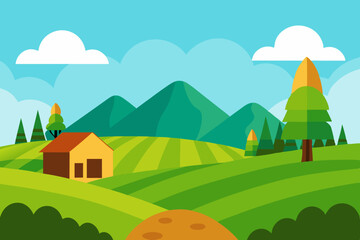 Naklejka premium Cartoon countryside landscape with house and mountains