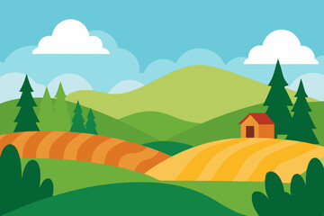 Obraz premium Cartoon countryside landscape with house and mountains