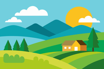Fototapeta premium Cartoon countryside landscape with house and mountains
