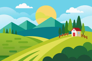Cartoon countryside landscape with house and mountains