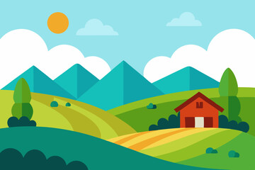 Obraz premium Cartoon countryside landscape with house and mountains