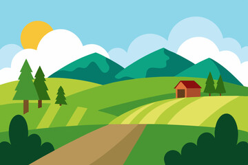 Fototapeta premium Cartoon countryside landscape with house and mountains