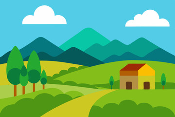 Fototapeta premium Cartoon countryside landscape with house and mountains