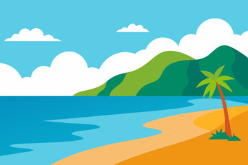 Tropical beach scene with palm tree and ocean