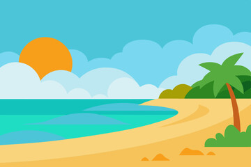 Tropical beach scene with palm trees and mountains