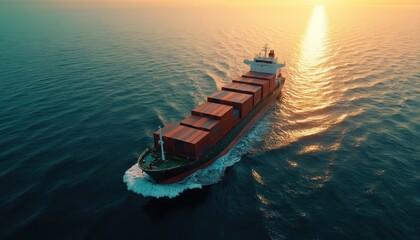 Obraz premium Cargo ship sails at open sea during sunset. Freight vessel with containers. Maritime transport, international trade, logistics. Ocean freight, global import export. Sea shipping. Transportation