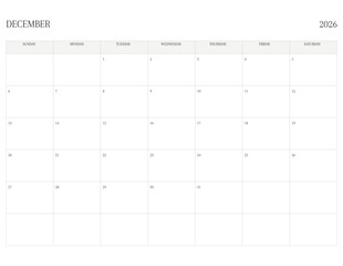 DECEMBER 2026 Letter Size SUNDAY WEEK START Monthly Calendar, Minimalist Printable Calendar