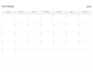 NOVEMBER 2026 Letter Size SUNDAY WEEK START Monthly Calendar, Minimalist Printable Calendar