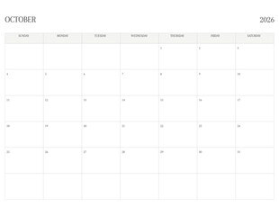 OCTOBER 2026 Letter Size SUNDAY WEEK START Monthly Calendar, Minimalist Printable Calendar