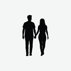 Black silhouette of a couple walking hand in hand, minimalist vector style on white background. Perfect for love, relationship, or companionship-themed design projects.
