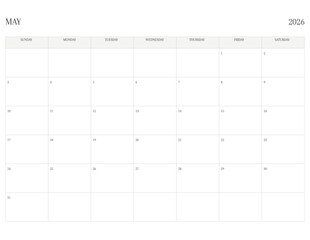 MAY 2026 Letter Size SUNDAY WEEK START Monthly Calendar, Minimalist Printable Calendar