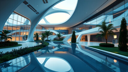 A futuristic, ultra-modern hospital with sleek, curved lines and expansive glass windows, surrounded by lush gardens and a reflecting pool,