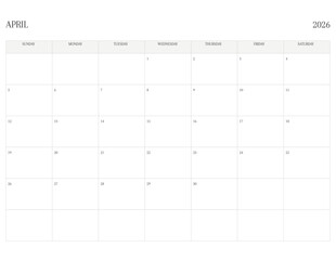 APRIL 2026 Letter Size SUNDAY WEEK START Monthly Calendar, Minimalist Printable Calendar