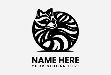 A stylized black and white raccoon logo curled inside a circular design. © vectorvovdesign